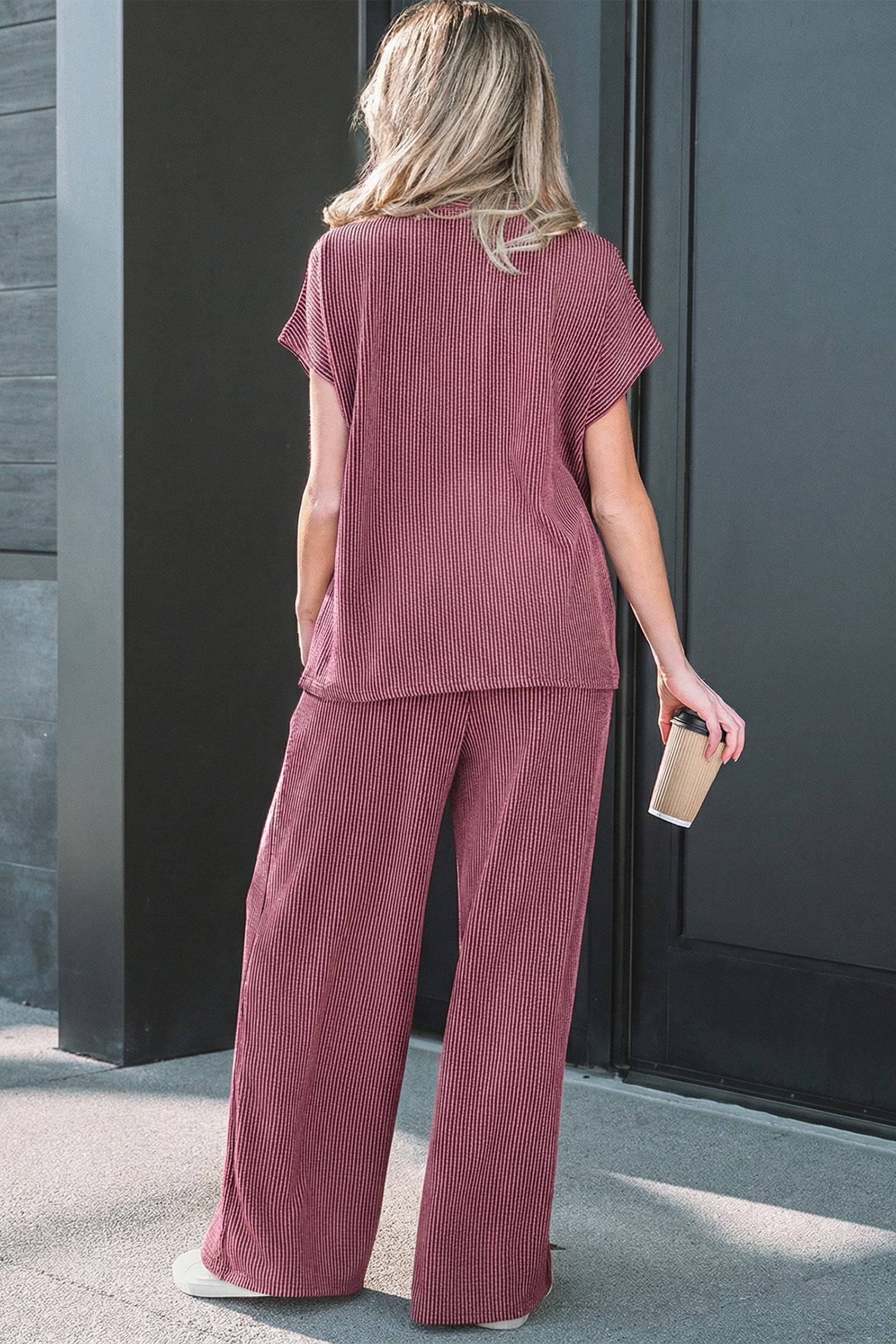 Burgundy Twisted Ribbed High Neck Loose Tee Elastic High Waist Loose Pant Set-Two Piece Sets/Pant Sets-[Adult]-[Female]-2022 Online Blue Zone Planet
