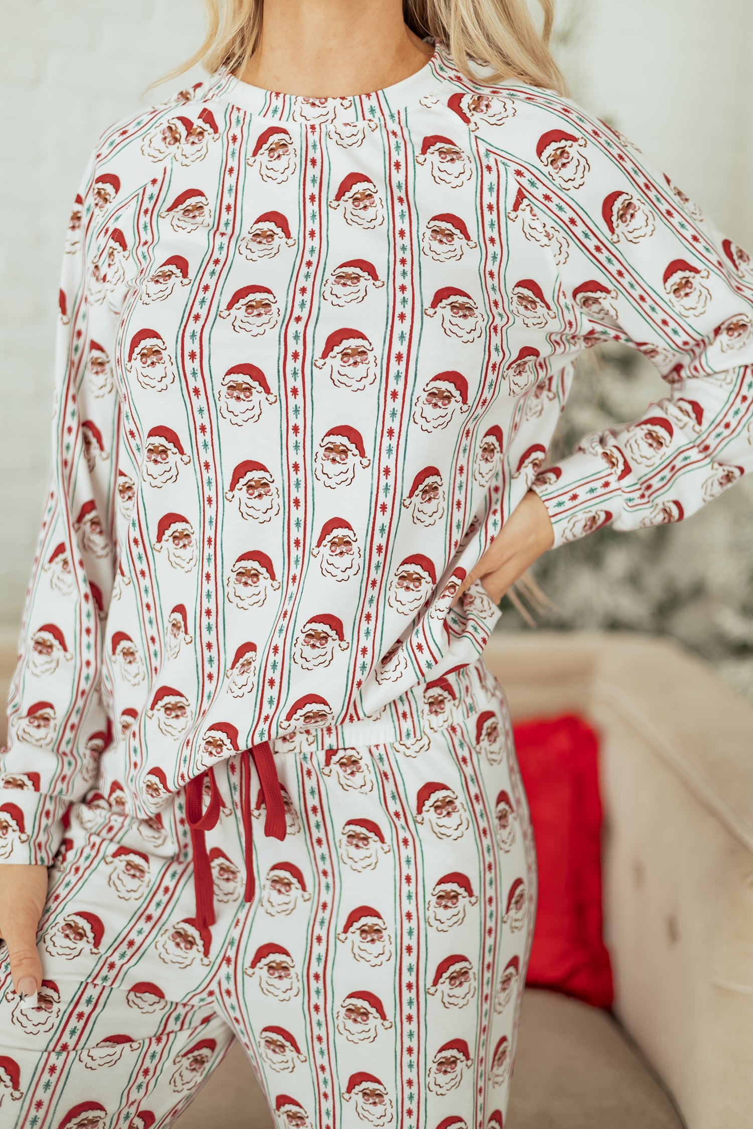 White Father Christmas Striped Print Contrast Drawstring Lounge Pant Set-Loungewear & Sleepwear/Loungewear-[Adult]-[Female]-2022 Online Blue Zone Planet