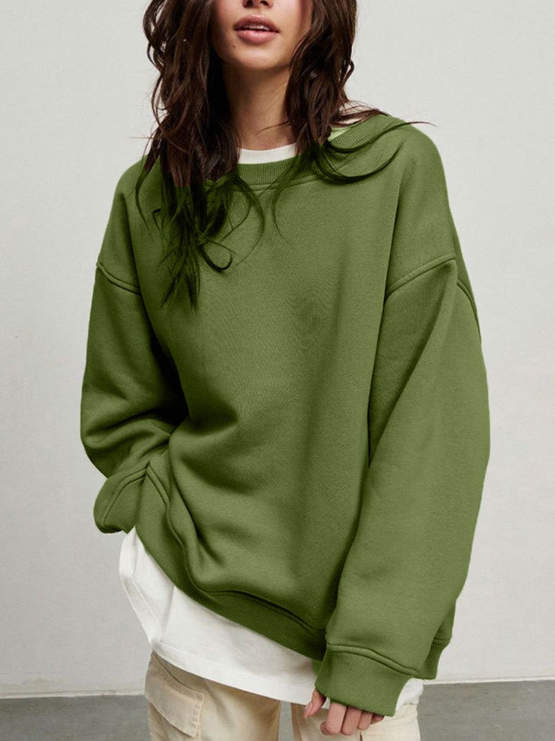 Round Neck Dropped Shoulder Long Sleeve Sweatshirt-TOPS / DRESSES-[Adult]-[Female]-Matcha Green-M-2022 Online Blue Zone Planet