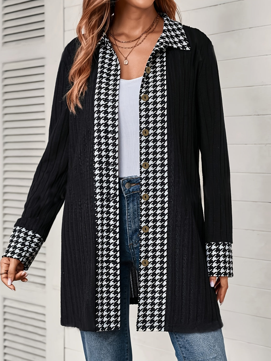 Houndstooth Button Up Long Sleeve Cardigan-TOPS / DRESSES-[Adult]-[Female]-2022 Online Blue Zone Planet