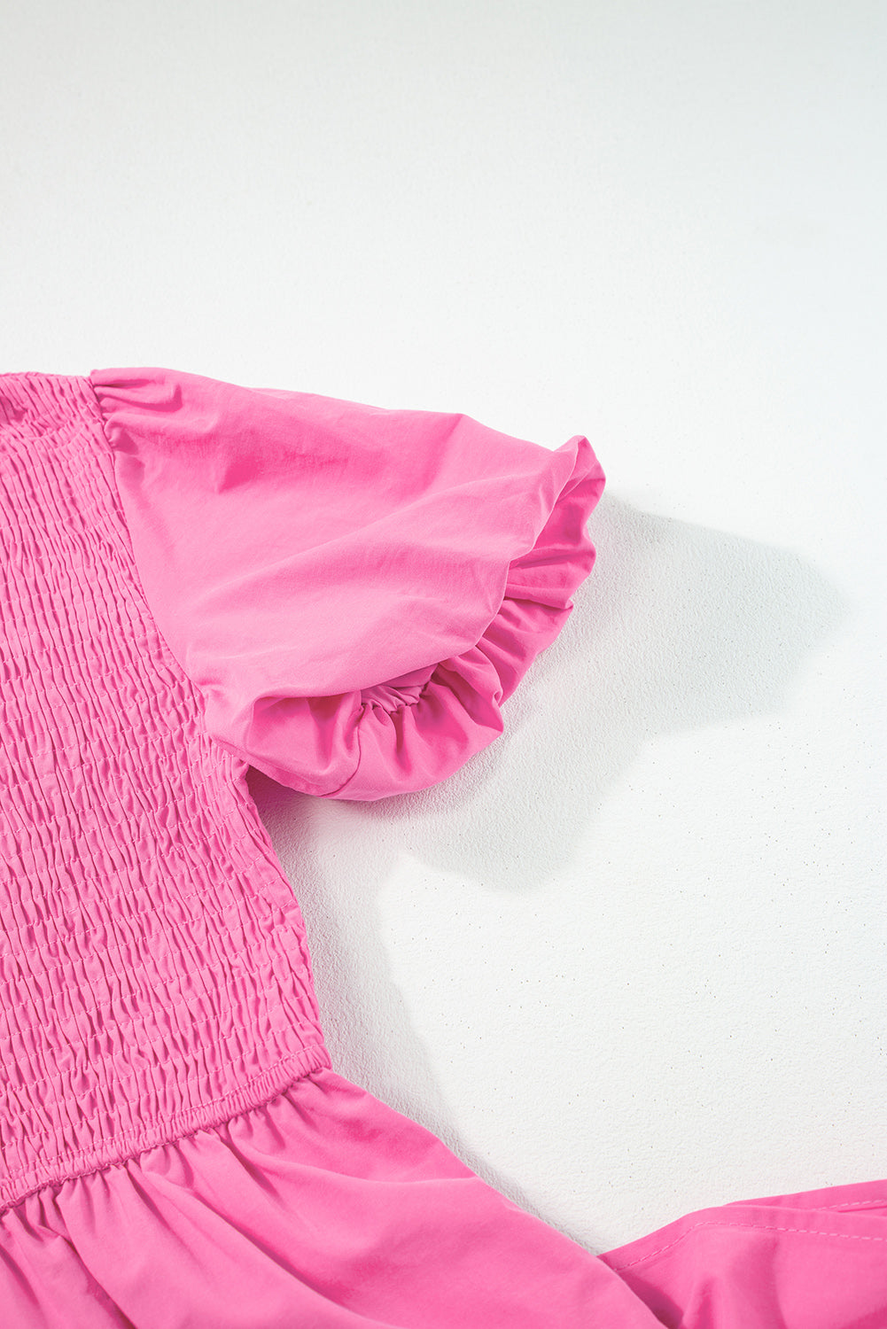 Strawberry Pink Asymmetric Puff Sleeve Smocked Bodice Tiered Midi Dress Blue Zone Planet