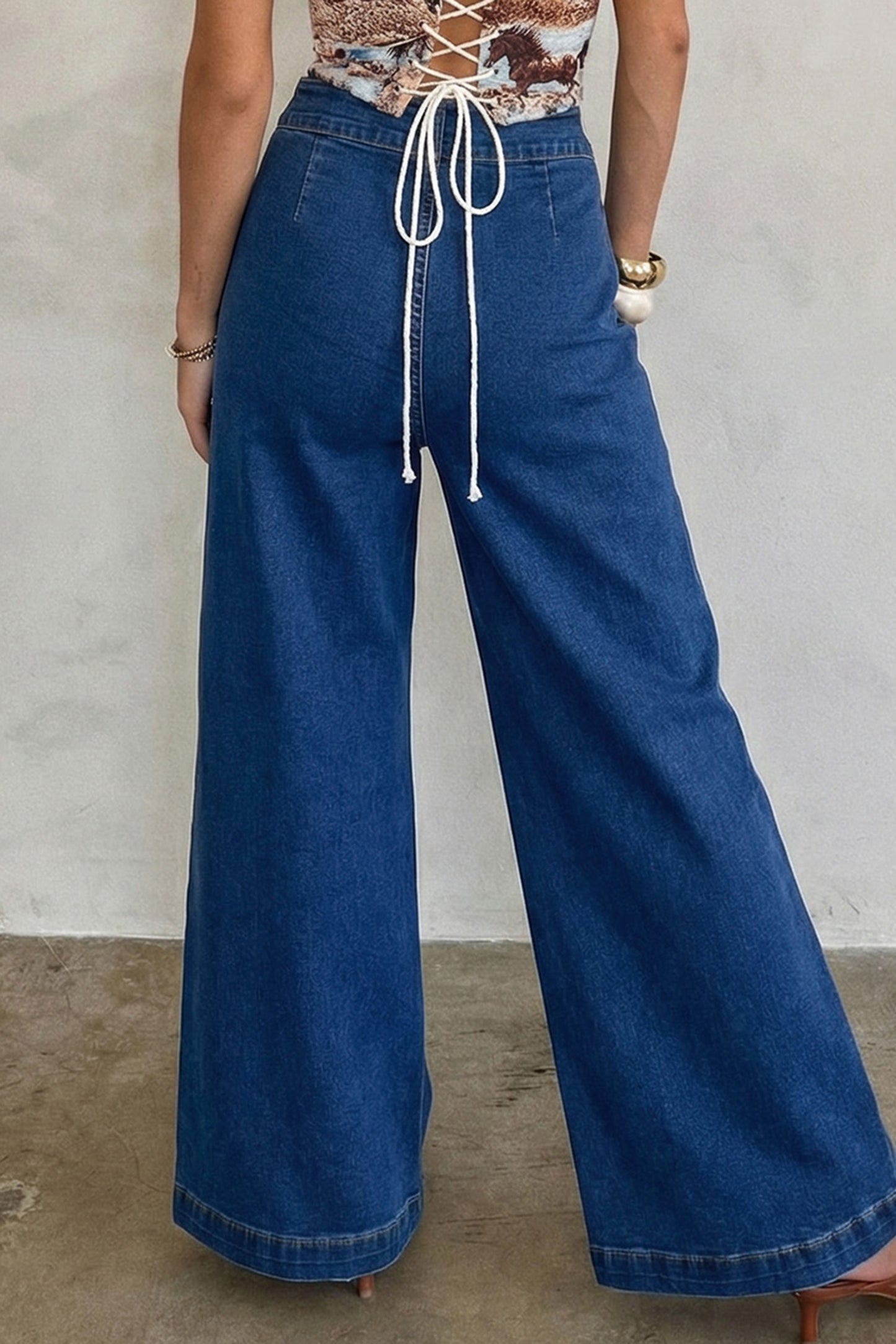 Sail Blue Hardware Decor Patched Pockets Wide Leg Denim Pants-Bottoms/Pants & Culotte-[Adult]-[Female]-2022 Online Blue Zone Planet