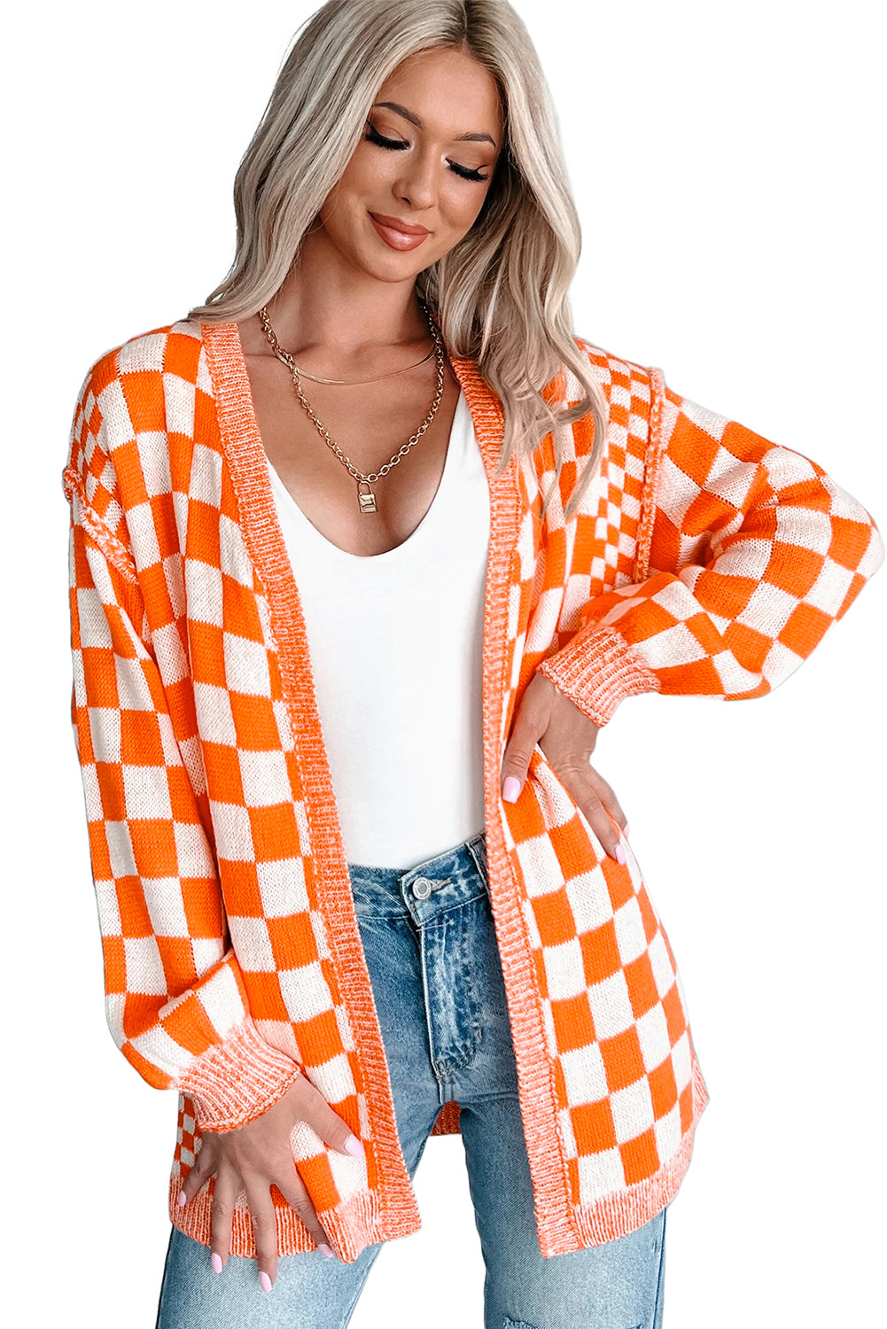 Orange Checkered Open Front Drop Shoulder Cardigan-Sweaters & Cardigans/Cardigans-[Adult]-[Female]-2022 Online Blue Zone Planet
