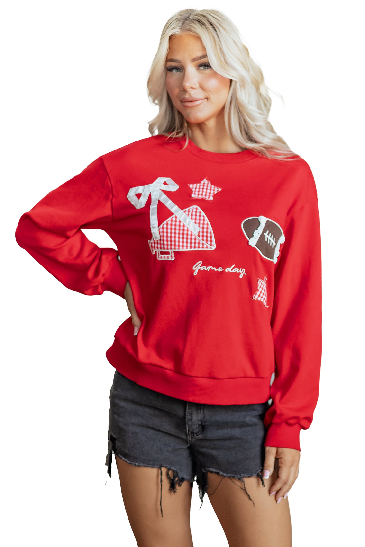Racing Red Gingham Patch Embroidered Rugby Game Day Stars Sweatshirt-Tops/Sweatshirts & Hoodies-[Adult]-[Female]-2022 Online Blue Zone Planet