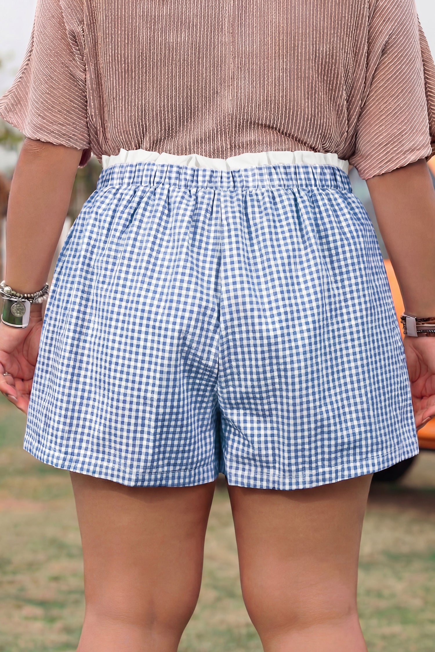 Sky Blue Contrast Trim Plaid Print Plus Size Shorts-Plus Size/Plus Size Bottoms-[Adult]-[Female]-2022 Online Blue Zone Planet