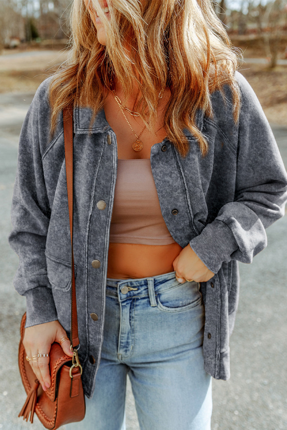 Gray Vintage Washed Flap Pocket Button Shacket-Outerwear/Jackets-[Adult]-[Female]-2022 Online Blue Zone Planet