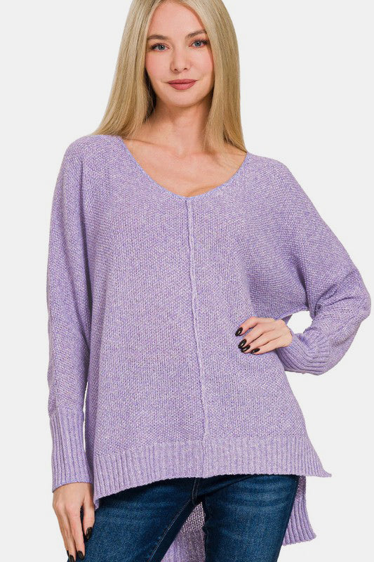 Blue Zone Planet | Zenana High-Low Center Seam V-Neck Sweater-TOPS / DRESSES-[Adult]-[Female]-Lavender-S-2022 Online Blue Zone Planet