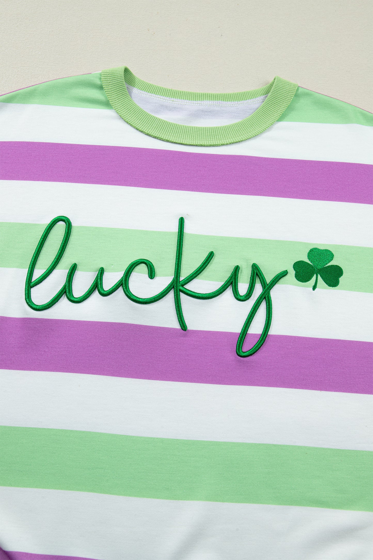 Green Stripe Lucky Clover Embroidered Graphic Dolman Loose Tee-Tops/Tops & Tees-[Adult]-[Female]-2022 Online Blue Zone Planet