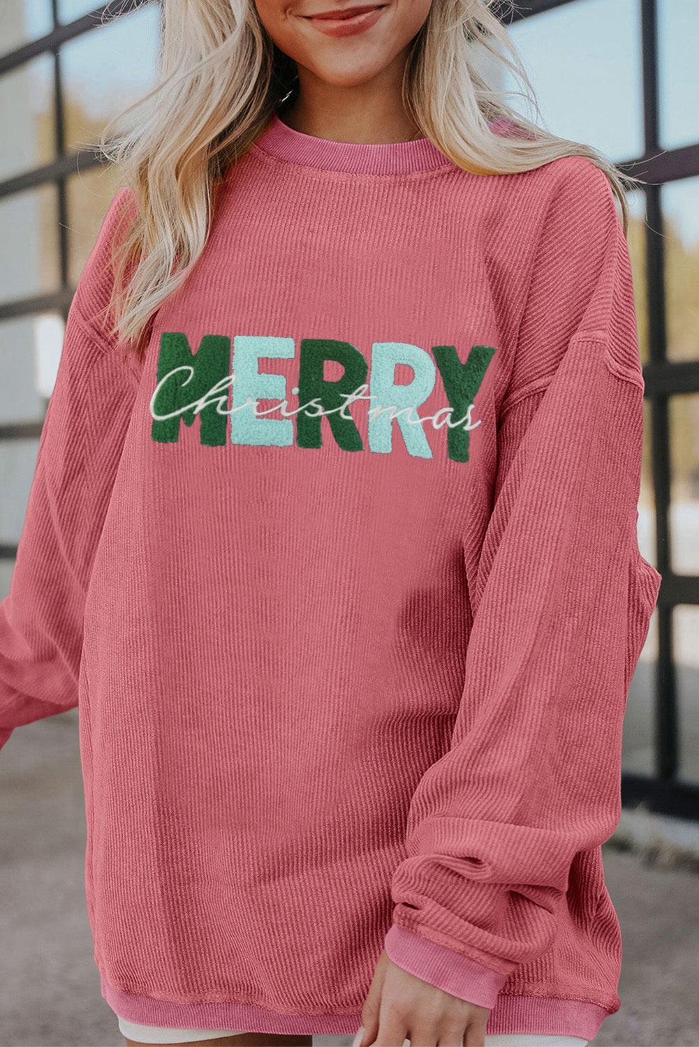 Strawberry Pink MERRY Christmas Chenille Embroidered Corded Sweatshirt-Graphic/Graphic Sweatshirts-[Adult]-[Female]-2022 Online Blue Zone Planet