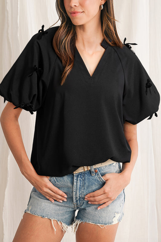 Black Bow Decor Puff Sleeve Split Neck Blouse-Tops/Blouses & Shirts-[Adult]-[Female]-Black-S-2022 Online Blue Zone Planet