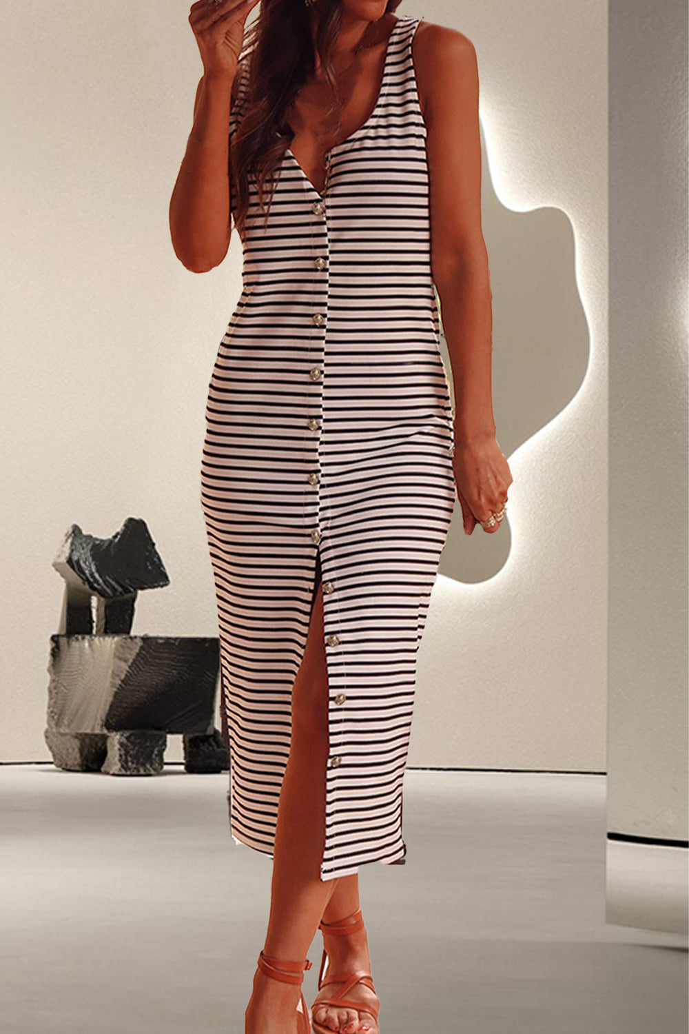 Blue Zone Planet | Striped Wide Strap Midi Dress-TOPS / DRESSES-[Adult]-[Female]-Stripe-S-2022 Online Blue Zone Planet