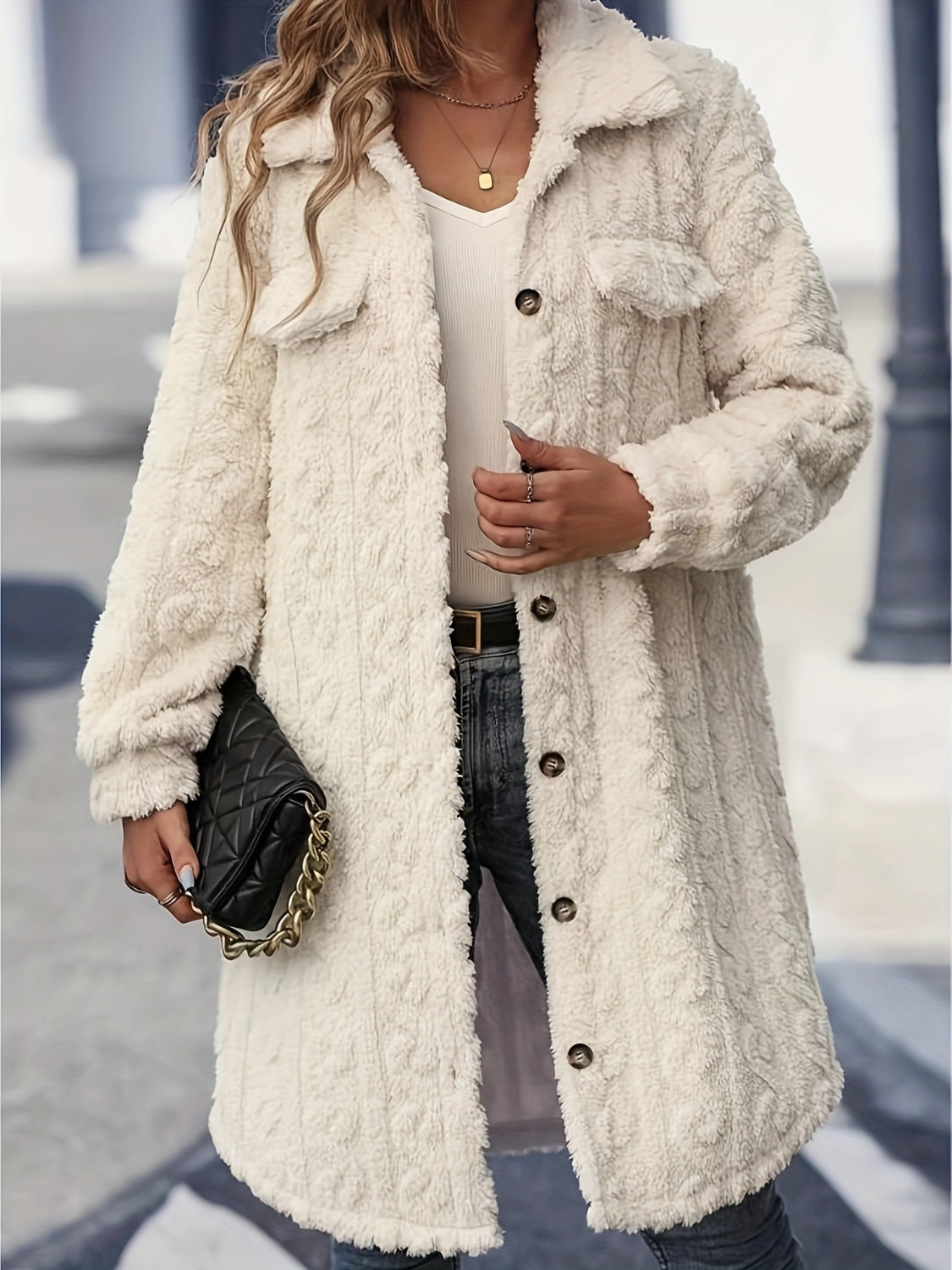 Fuzzy Button Up Long Sleeve Longline Coat-TOPS / DRESSES-[Adult]-[Female]-Cream-S-2022 Online Blue Zone Planet