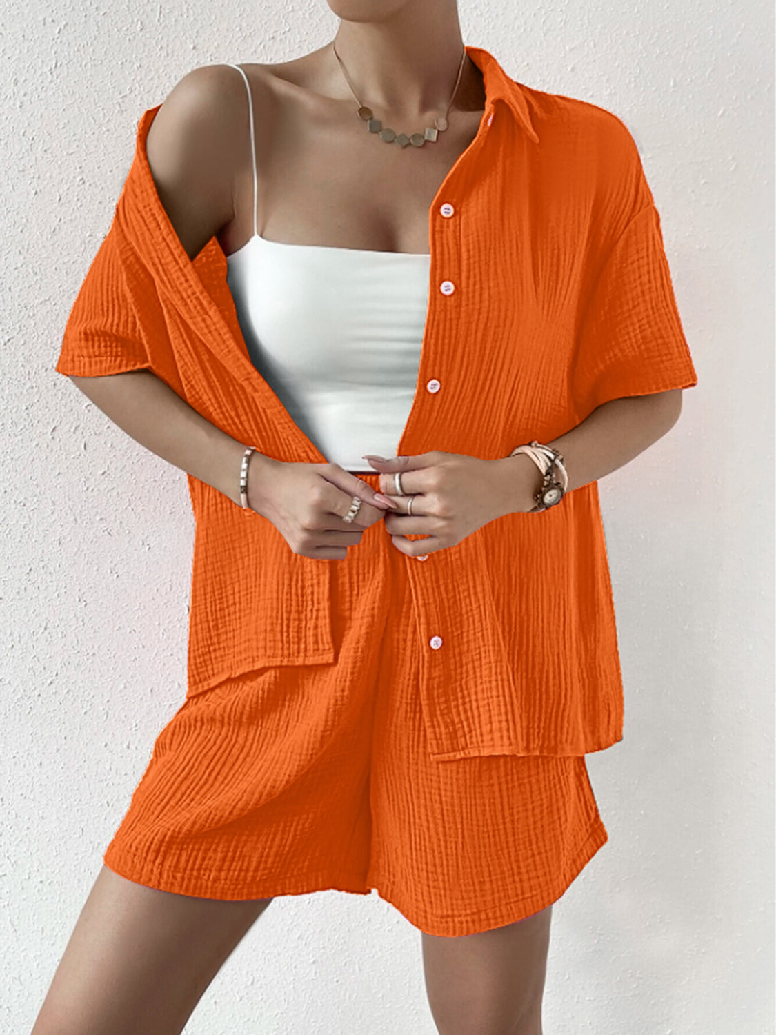 Button Up Half Sleeve Top and Shorts Set-TOPS / DRESSES-[Adult]-[Female]-Orange-S-2022 Online Blue Zone Planet