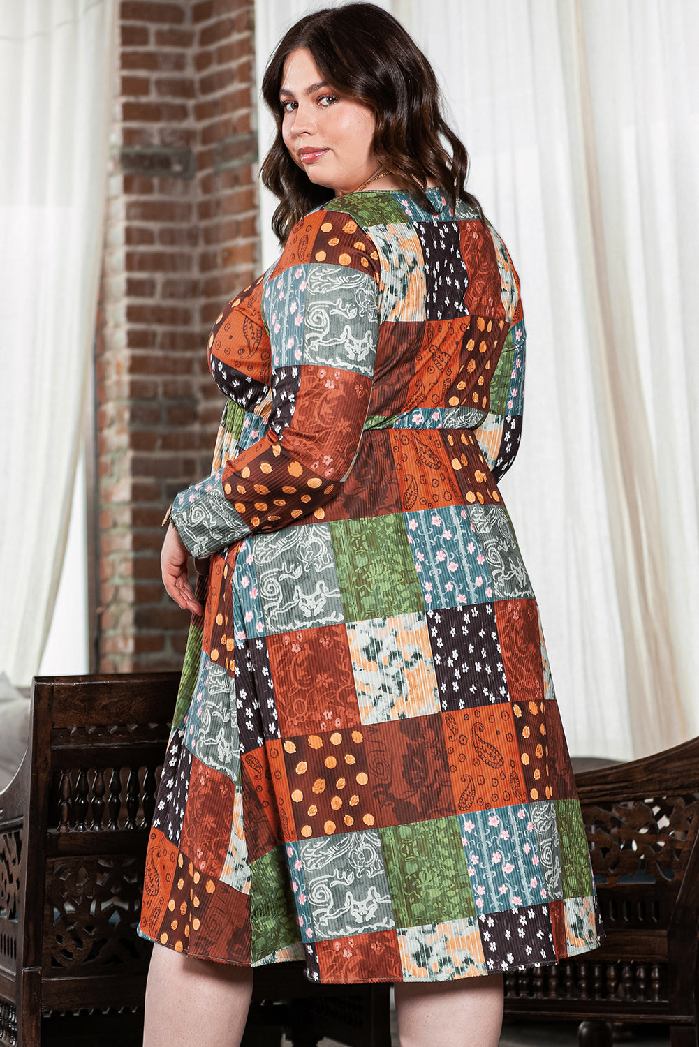 Green Printed Multicolor Western Checkered Plus Size Swing Dress-TOPS / DRESSES-[Adult]-[Female]-2022 Online Blue Zone Planet