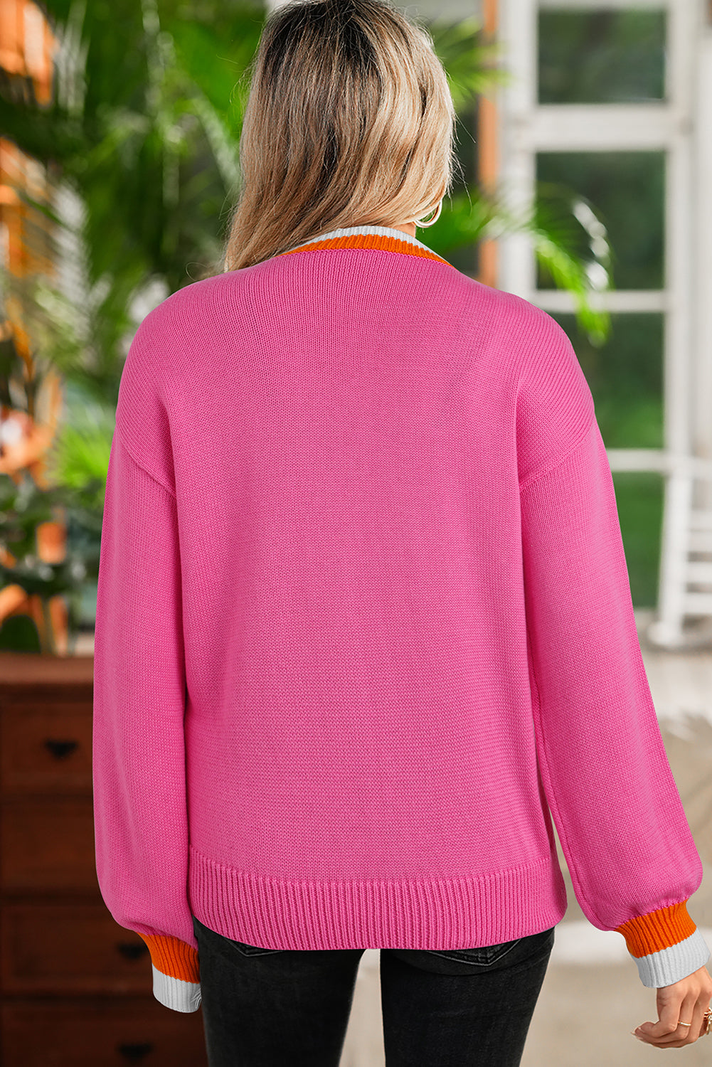 Sachet Pink Contrast Crew Neck Pearled Decor Drop Shoulder Knit Sweater-TOPS / DRESSES-[Adult]-[Female]-2022 Online Blue Zone Planet