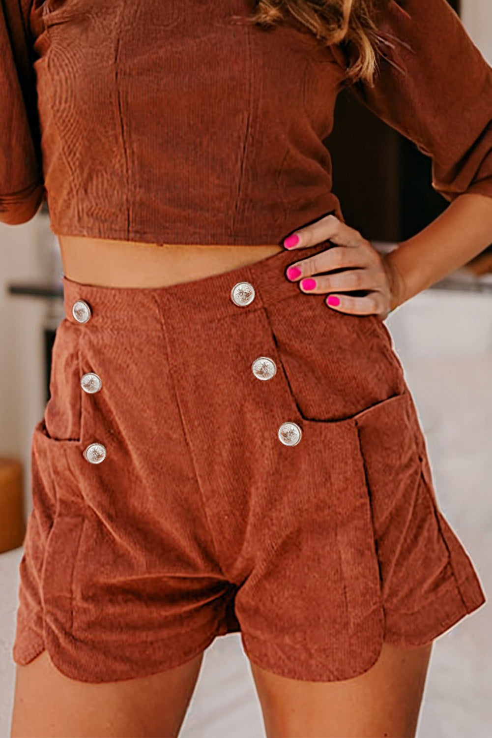 Clay Button Decor Scalloped Edge High Waist Corduroy Shorts-Bottoms/Casual Shorts-[Adult]-[Female]-2022 Online Blue Zone Planet