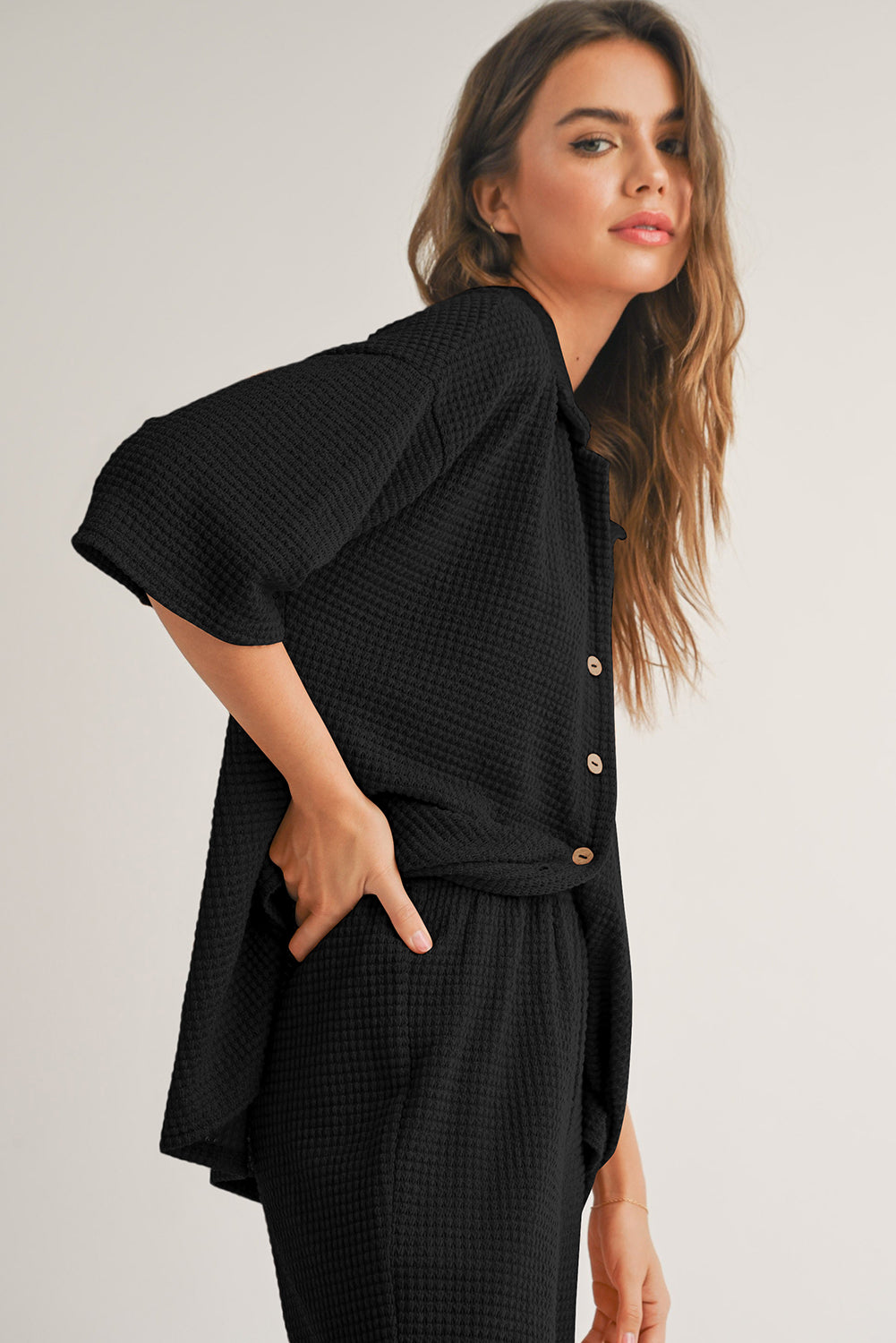 Black Solid Color Textured Buttoned Shirt and Casual Pants Set-Two Piece Sets/Pant Sets-[Adult]-[Female]-2022 Online Blue Zone Planet