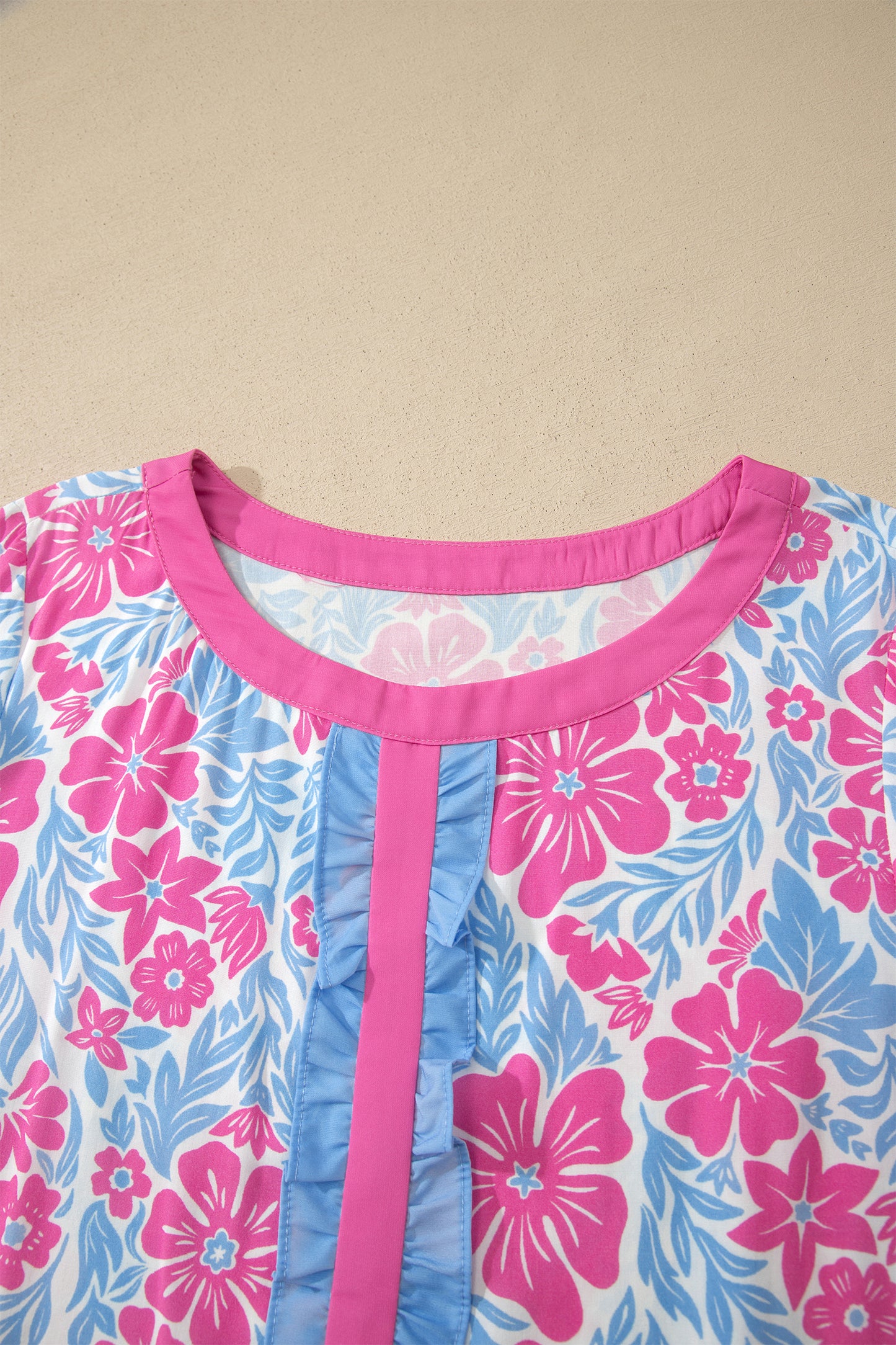 Rose Floral Print Ruffled Color Block Trim Half Sleeve Blouse-Tops/Blouses & Shirts-[Adult]-[Female]-2022 Online Blue Zone Planet