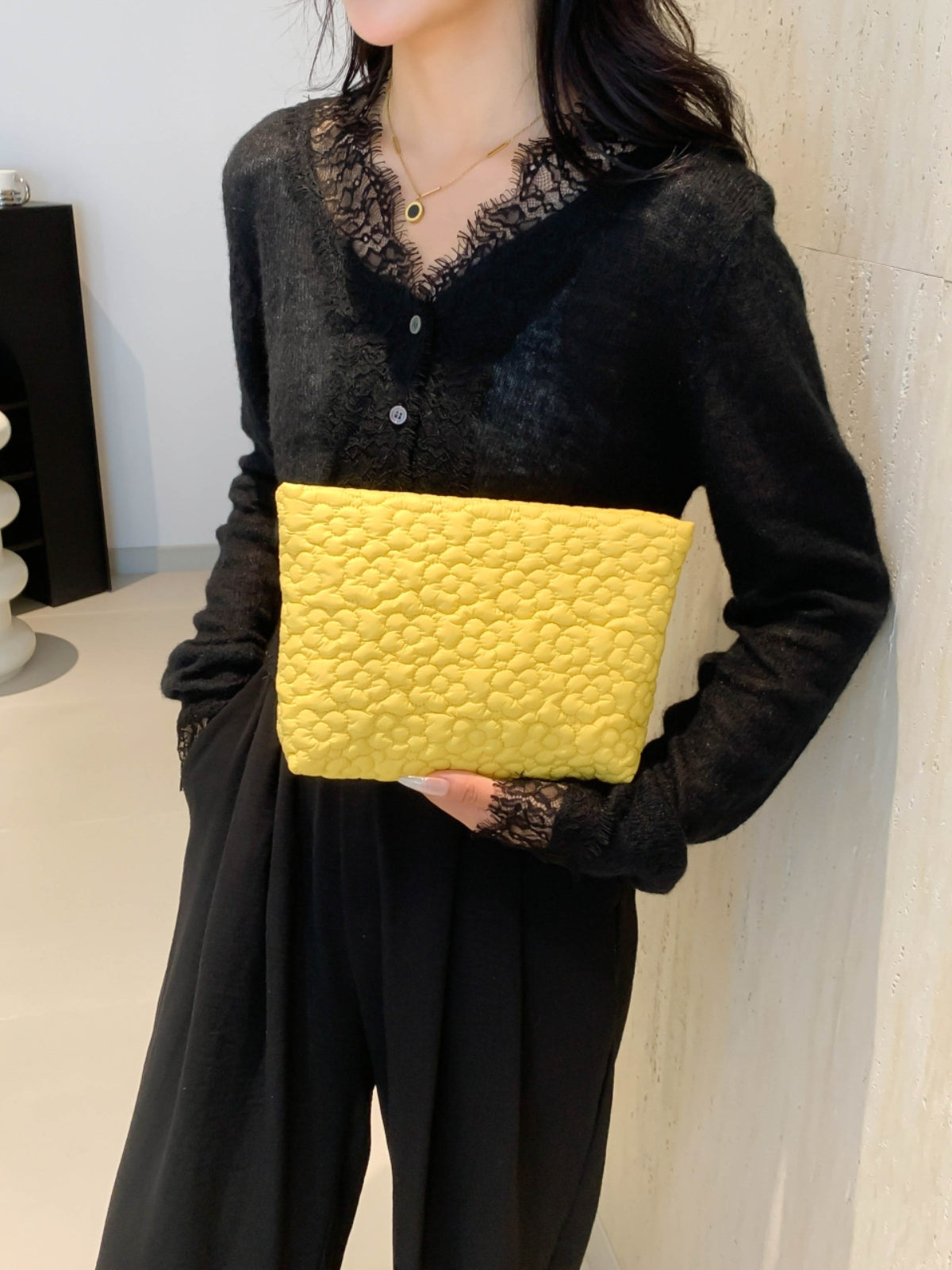 Flower Texture Polyester Clutch-HANDBAGS-[Adult]-[Female]-Canary Yellow-One Size-2022 Online Blue Zone Planet