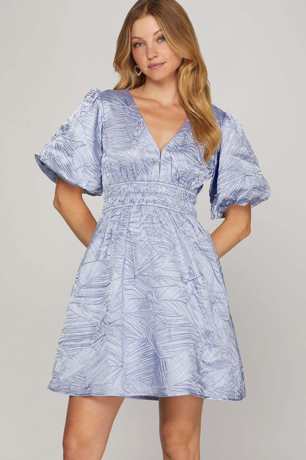 she sky blue dress She & Sky Puff Sleeve Ruffle Hem Faux Wrap Surplice Mini Easter Dress M