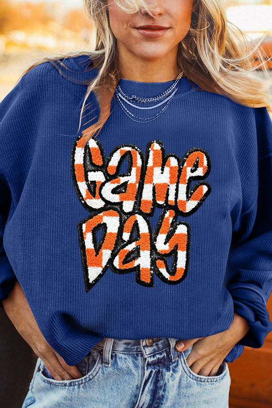 Dark Blue Chenille Checkered Game Day Graphic Drop Shoulder Corded Sweatshirt-Graphic/Graphic Sweatshirts-[Adult]-[Female]-2022 Online Blue Zone Planet