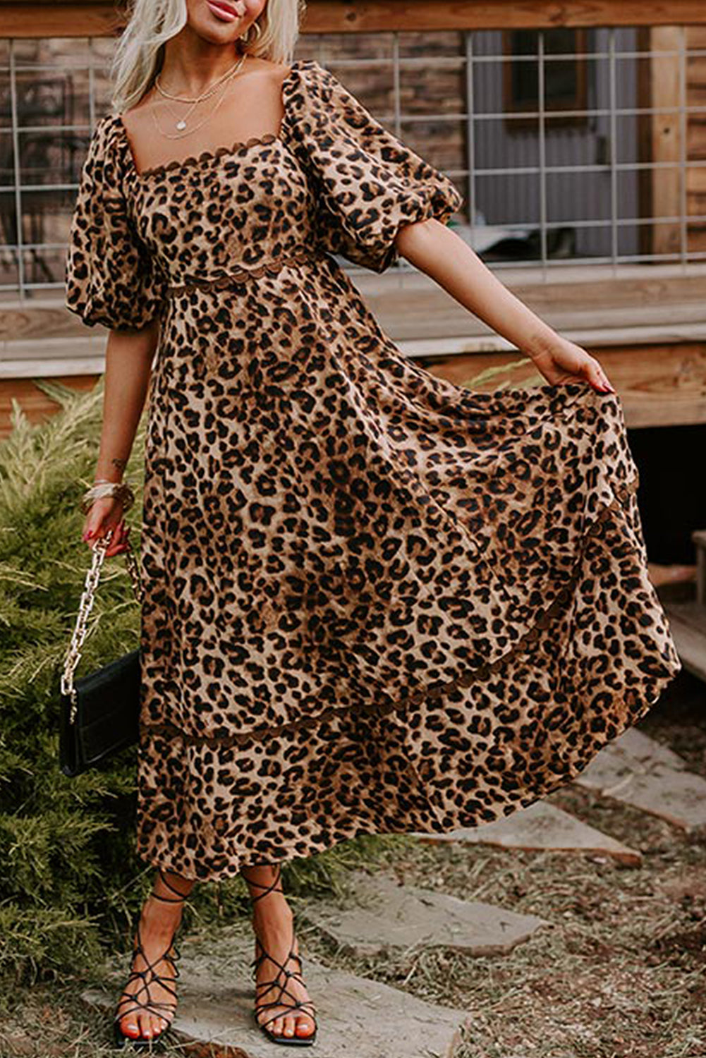 Brown Leopard Print Puff Sleeve Ricrac Maxi Dress-Maxi Dresses-[Adult]-[Female]-Brown-S-2022 Online Blue Zone Planet