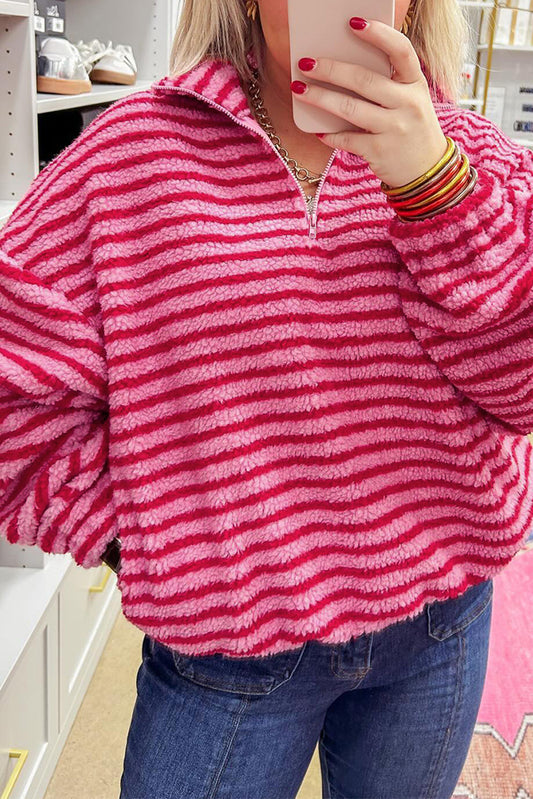 Pink Stripe Quarter Zip Fleece Oversize Sweatshirt-Tops/Sweatshirts & Hoodies-[Adult]-[Female]-Pink Stripe-S-2022 Online Blue Zone Planet
