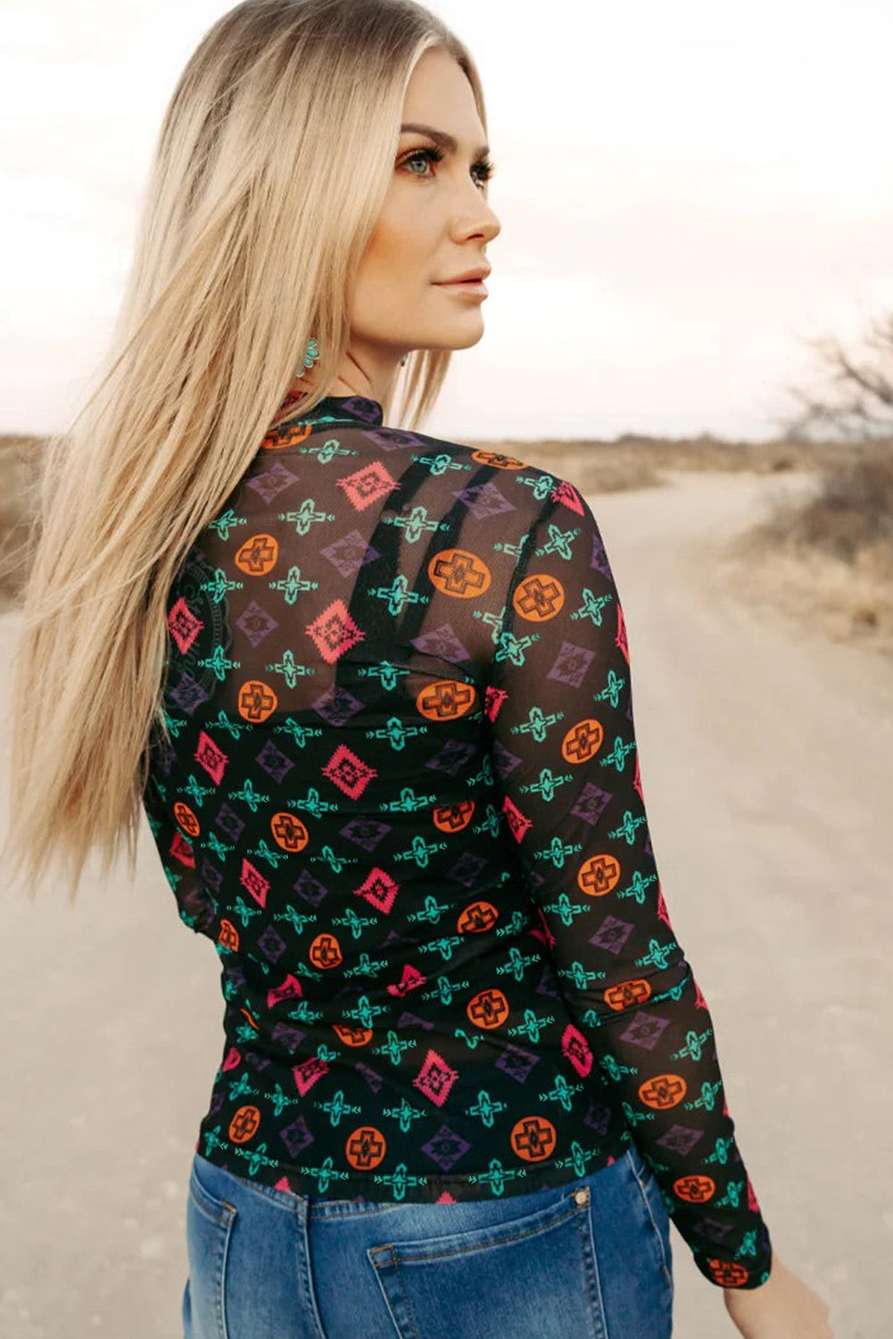 Black Western Aztec Printed Long Sleeve Mesh Top-Tops/Long Sleeve Tops-[Adult]-[Female]-2022 Online Blue Zone Planet