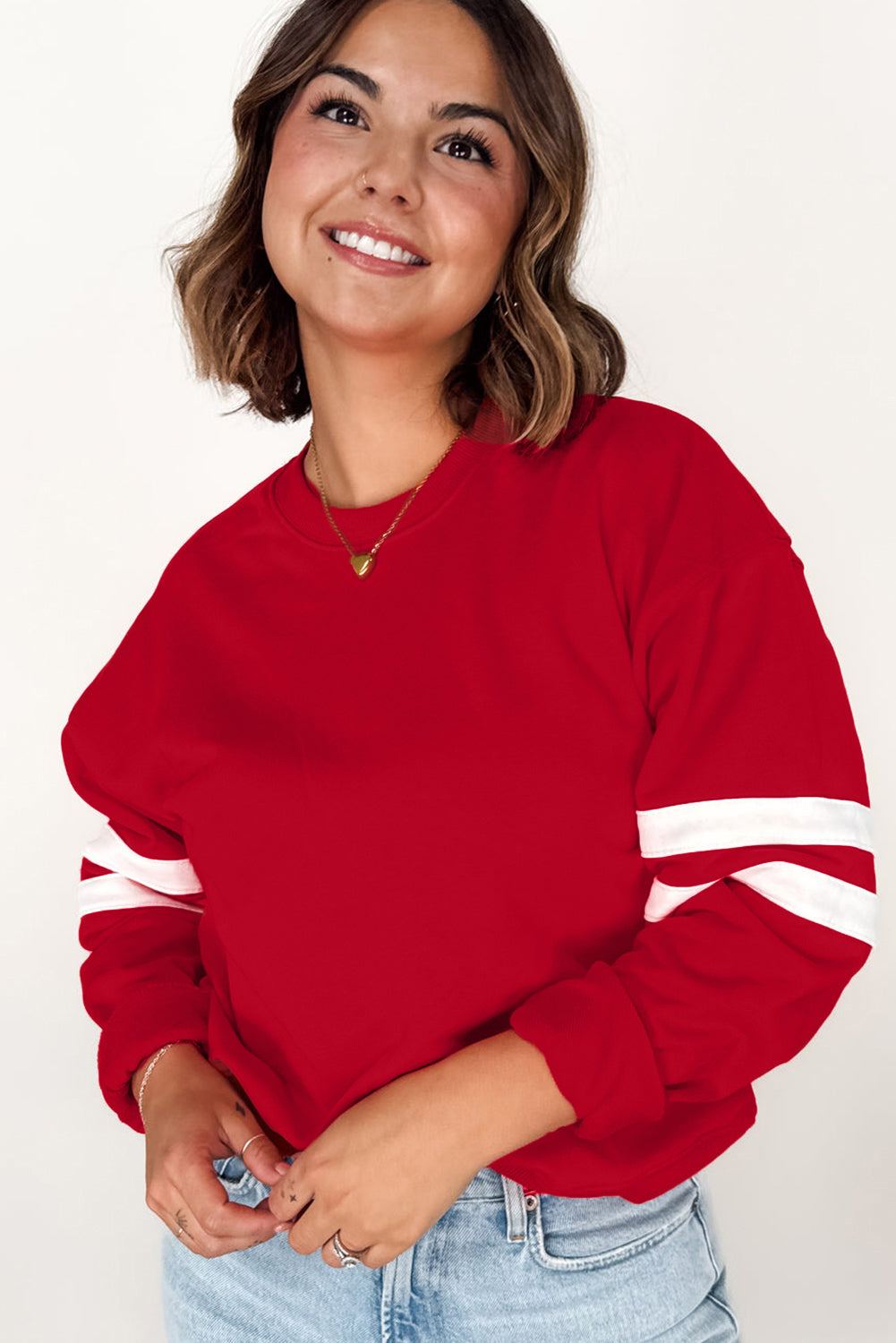Light Grey Varsity Striped Detail Crew Neck Plus Sweatshirt