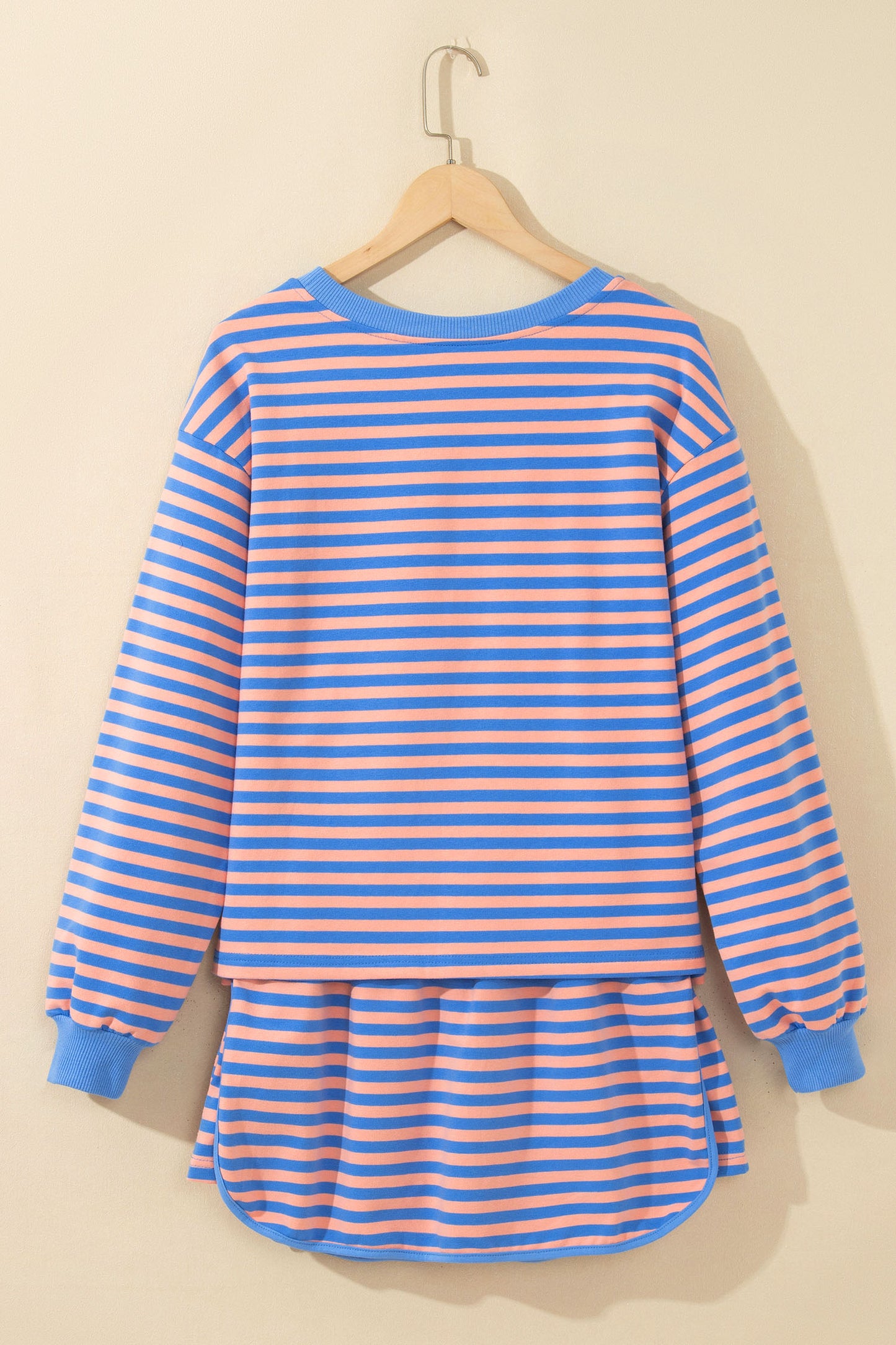 Blue Stripe Long Sleeve Relaxed Pullover Drawstring Mini Skort 2pcs Set-Two Piece Sets/Two Piece Dresses-[Adult]-[Female]-2022 Online Blue Zone Planet