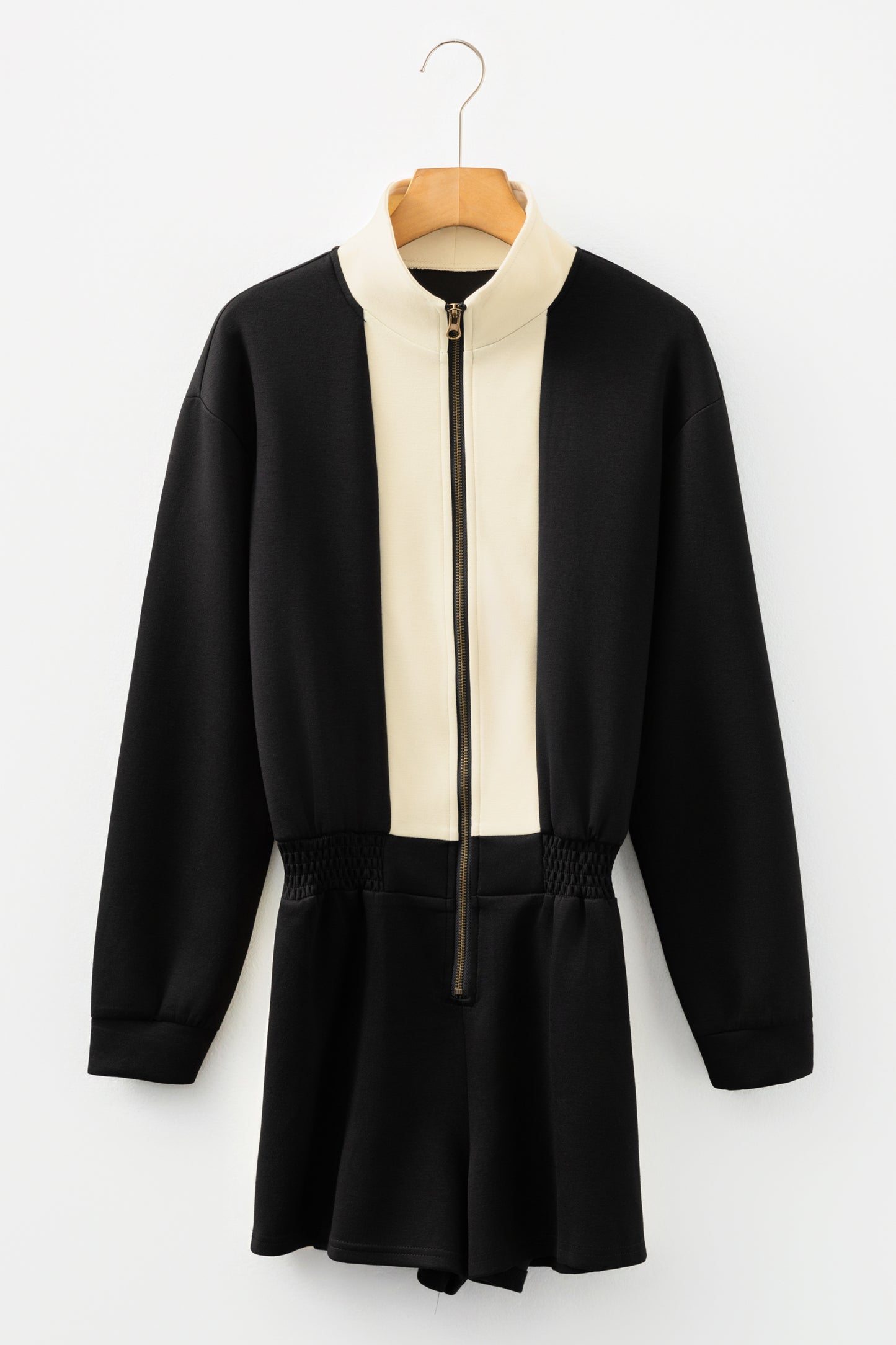 Black Two-tone Long Sleeve Zipped Front Casual Romper-Bottoms/Jumpsuits & Rompers-[Adult]-[Female]-2022 Online Blue Zone Planet