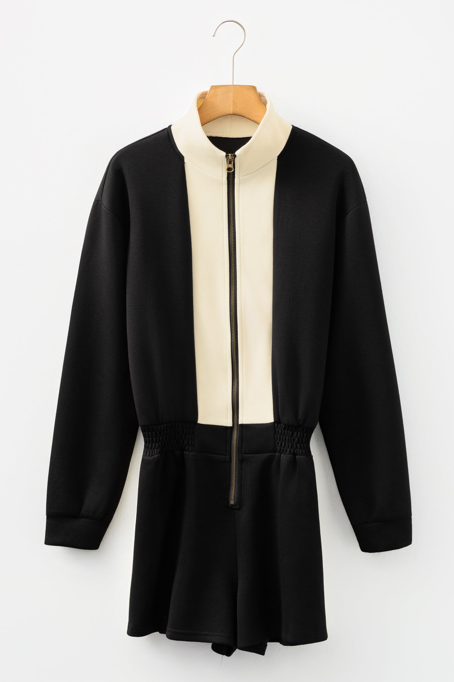 Black Two-tone Long Sleeve Zipped Front Casual Romper-Bottoms/Jumpsuits & Rompers-[Adult]-[Female]-2022 Online Blue Zone Planet