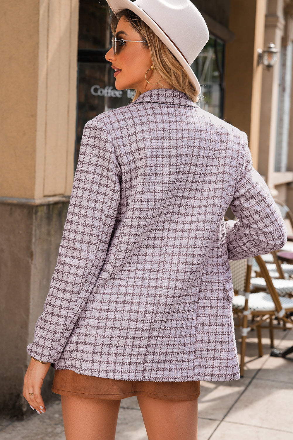 Burgundy Elegant Tweed Plaid Blazer-Outerwear/Blazers-[Adult]-[Female]-2022 Online Blue Zone Planet