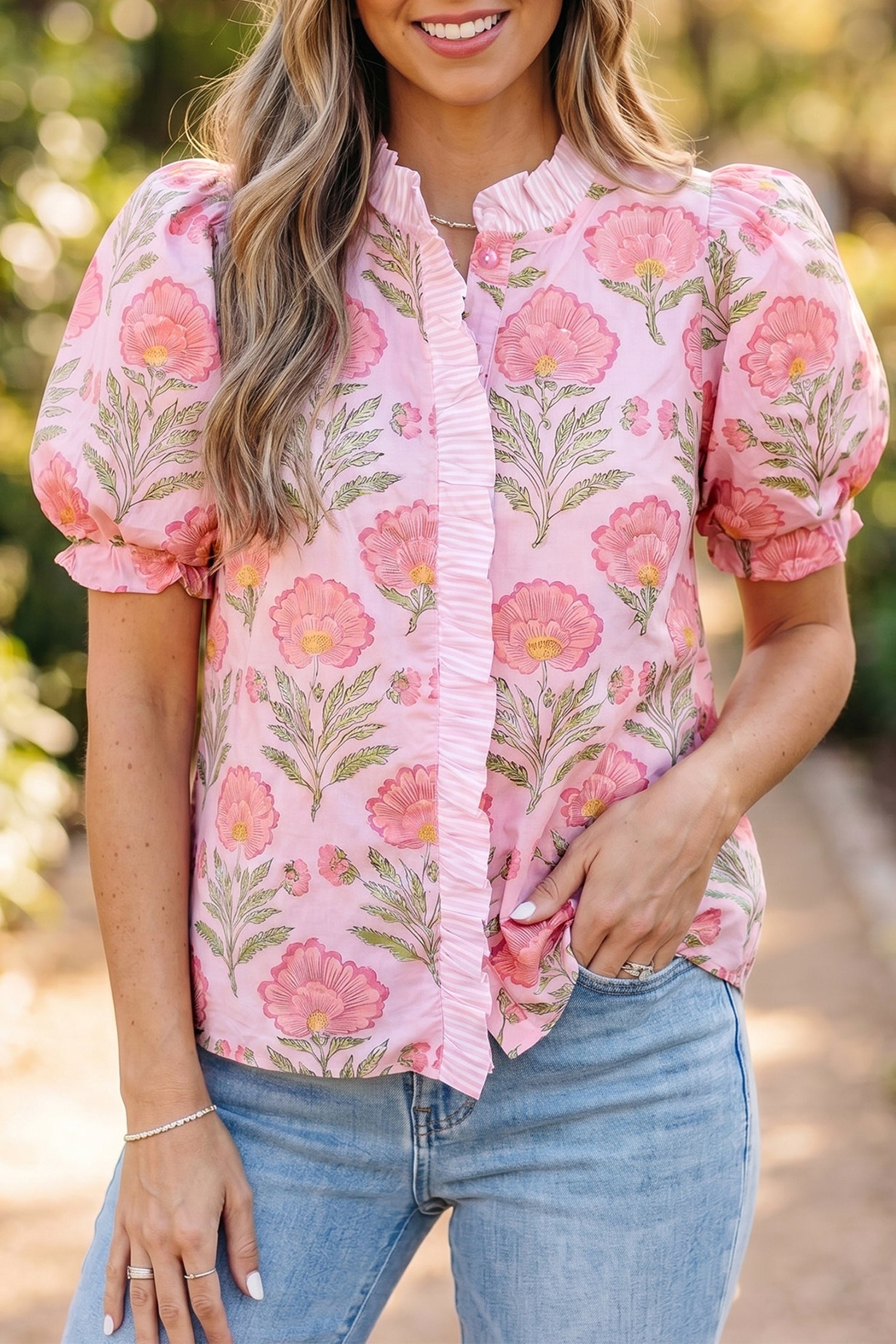 Pink Sweet Blooms Ruffle Striped Trim Puff Sleeve Shirt-Tops/Blouses & Shirts-[Adult]-[Female]-2022 Online Blue Zone Planet