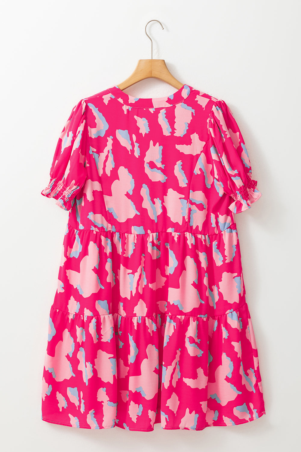 Pink Abstract Printed Puff Short Sleeve Tiered Loose Dress Blue Zone Planet