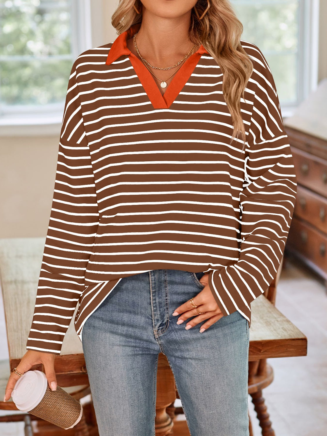 Blue Zone Planet | Lovelet Striped Johnny Collar Long Sleeve T-Shirt-TOPS / DRESSES-[Adult]-[Female]-2022 Online Blue Zone Planet