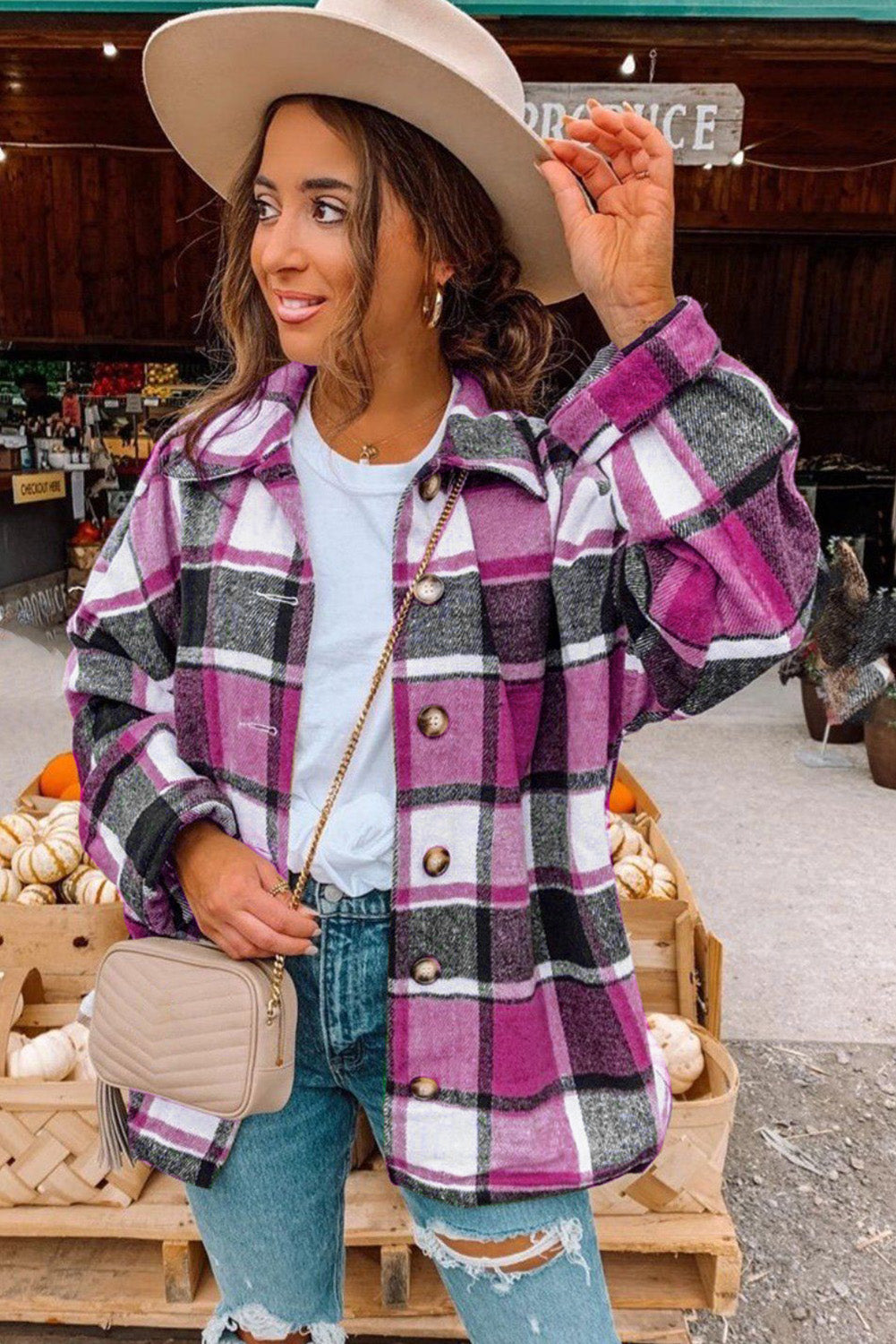 Plaid Print Buttoned Shirt Jacket-Outerwear/Plaid Shackets-[Adult]-[Female]-2022 Online Blue Zone Planet