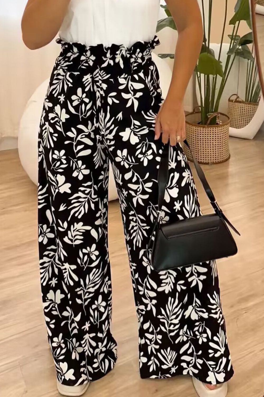 Blue Zone Planet | Full Size Printed High Waist Wide Leg Pants-BOTTOMS SIZES SMALL MEDIUM LARGE-[Adult]-[Female]-Black-S-2022 Online Blue Zone Planet