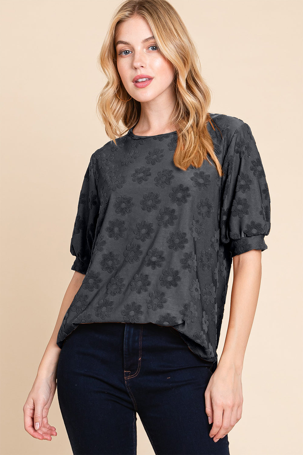 Blue Zone Planet | BOMBOM Textured Floral Pattern Top-TOPS / DRESSES-[Adult]-[Female]-Black-S-2022 Online Blue Zone Planet