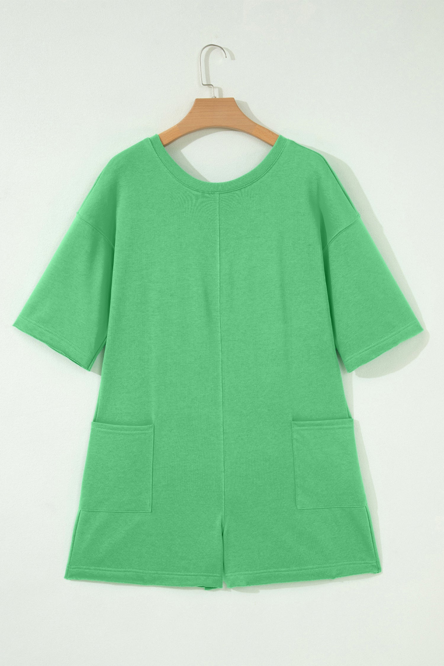 Bright Green Solid Color Raw Edge Half Sleeve Pocketed Loose Romper-Bottoms/Jumpsuits & Rompers-[Adult]-[Female]-2022 Online Blue Zone Planet