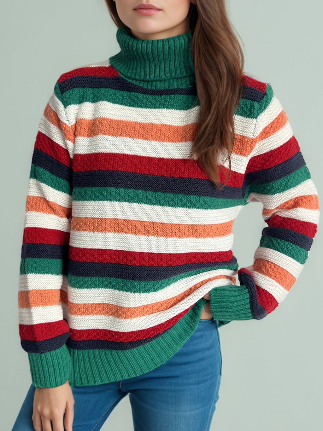 Blue Zone Planet | Contrast Stripes Turtleneck Long Sleeve Sweater-TOPS / DRESSES-[Adult]-[Female]-Dark Green-One Size-2022 Online Blue Zone Planet