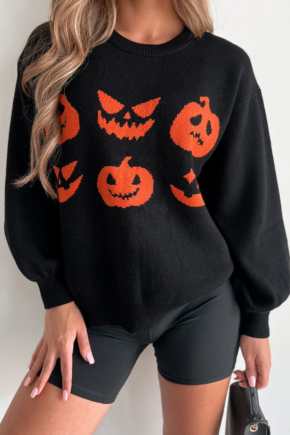 Blue Zone Planet | Black Halloween Pumpkin Face Pattern Drop Shoulder Sweater-Sweaters & Cardigans/Sweaters-[Adult]-[Female]-Black-S-2022 Online Blue Zone Planet