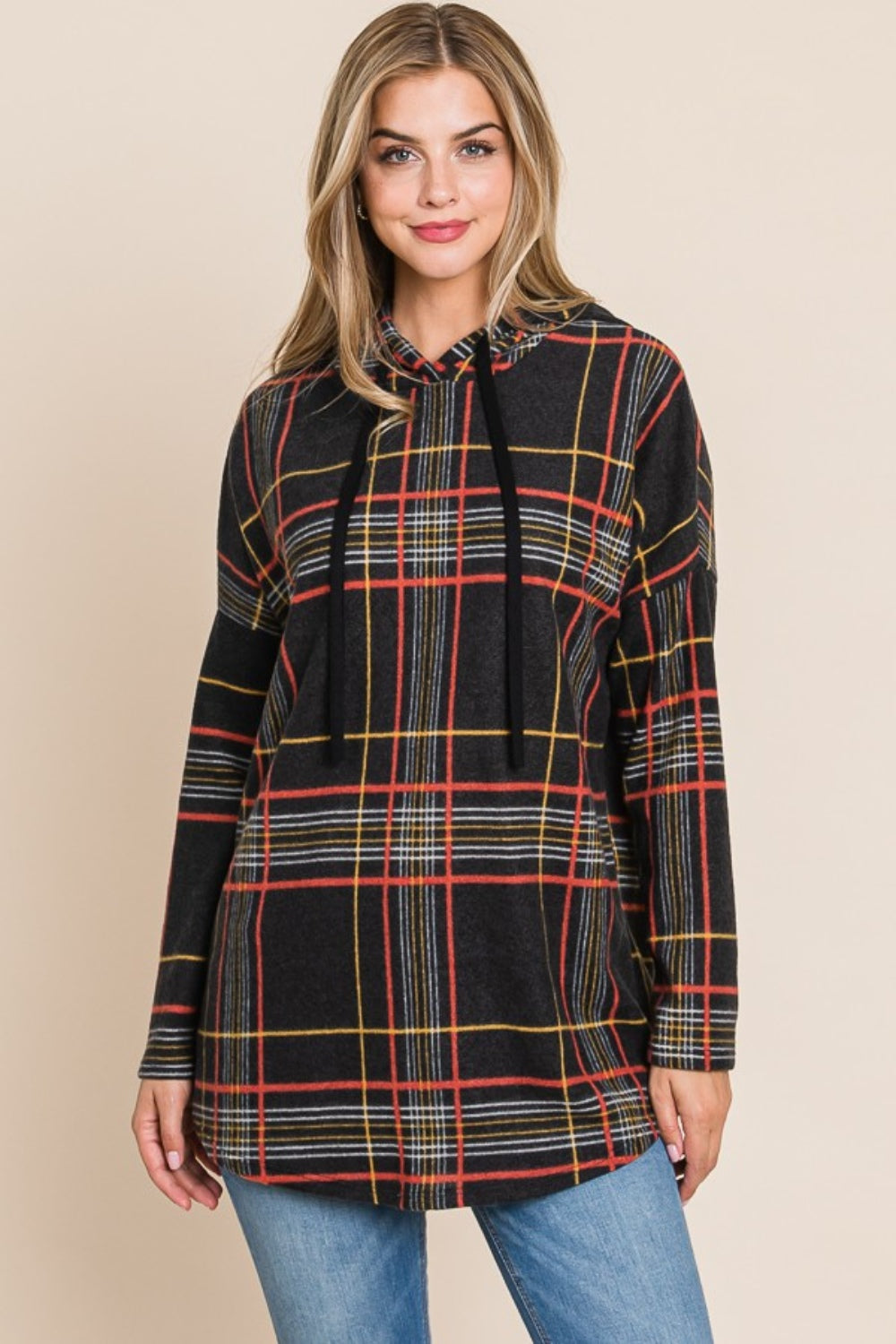 BOMBOM Drawstring Plaid Long Sleeve Hoodie-TOPS / DRESSES-[Adult]-[Female]-2022 Online Blue Zone Planet