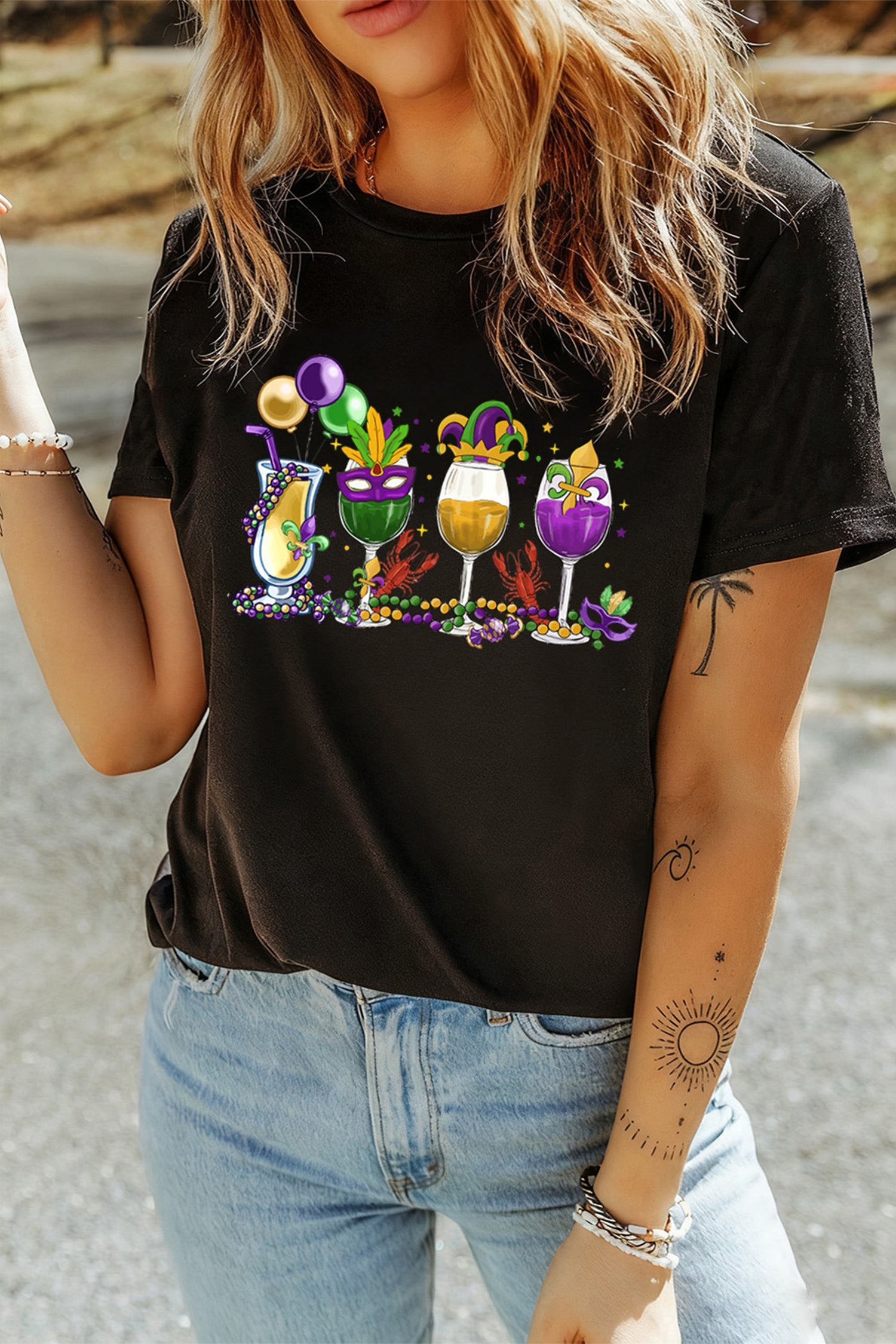 Black Cheerful Mardi Gras Drinks Crayfish Printed T Shirt-Graphic Tees-[Adult]-[Female]-2022 Online Blue Zone Planet