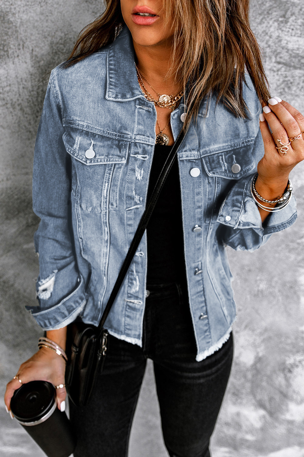 Blue Lapel Distressed Raw Hem Buttons Denim Jacket-Outerwear/Denim jackets-[Adult]-[Female]-Sky Blue-S-2022 Online Blue Zone Planet