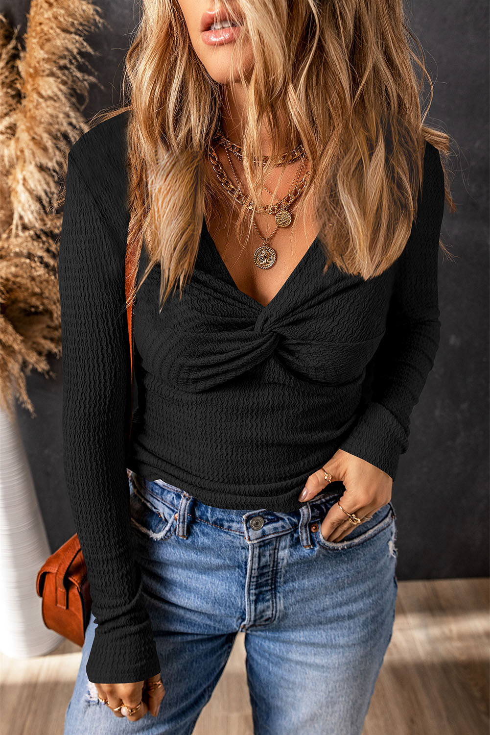 Orange Textured Twist Front V Neck Long Sleeve Slim Solid Color Top-Tops/Long Sleeve Tops-[Adult]-[Female]-2022 Online Blue Zone Planet