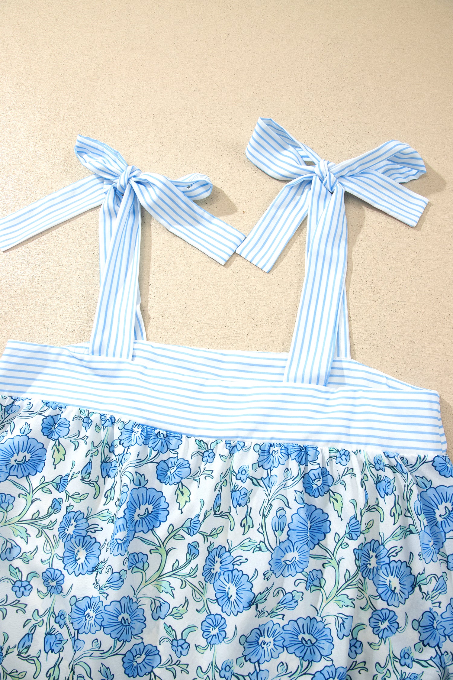 Sky Blue Floral Striped Patchwork Knot Straps 2pcs Short Set-Two Piece Sets/Short Sets-[Adult]-[Female]-2022 Online Blue Zone Planet