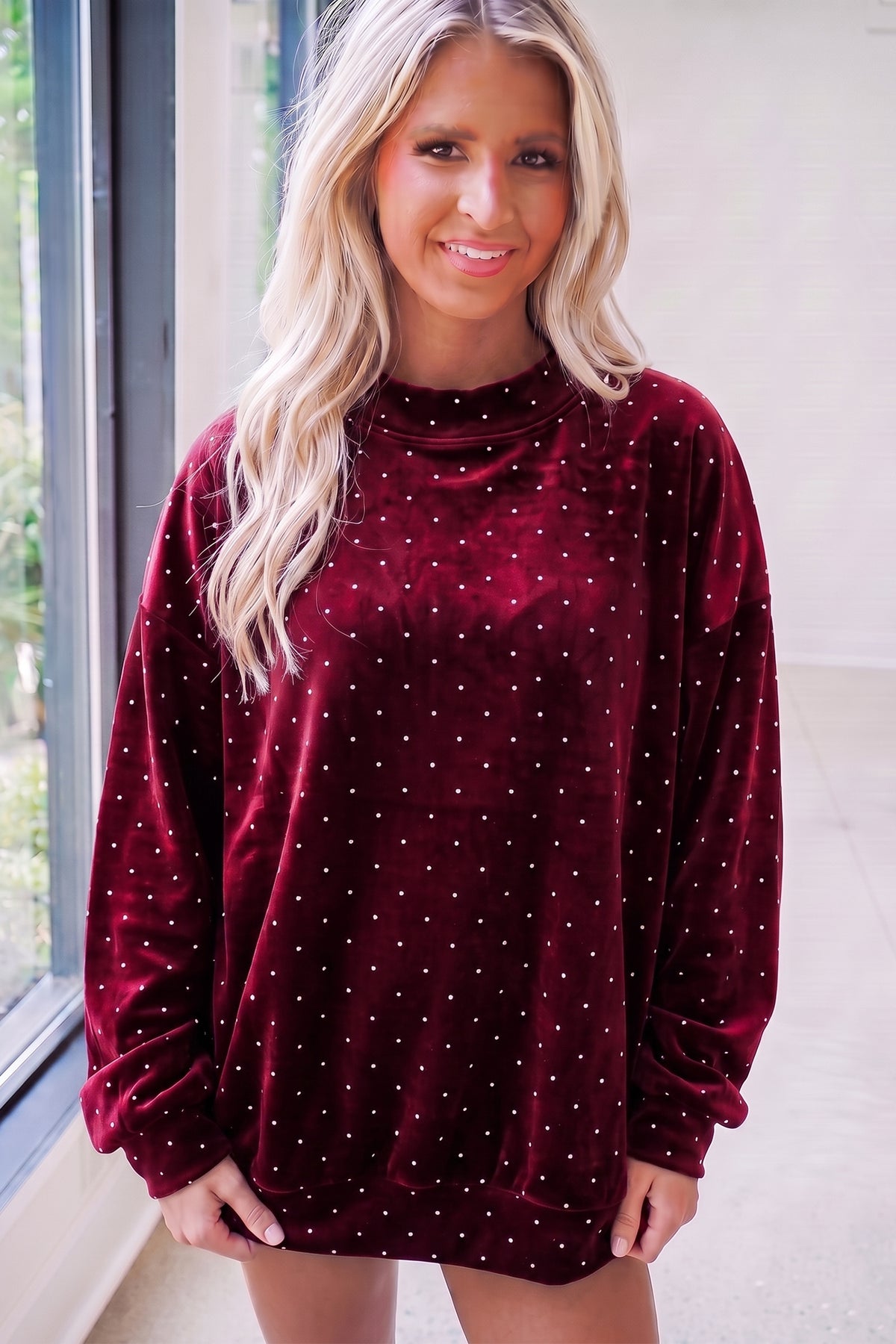 Red Velvet Polka Dot High Neck Tunic Pullover Sweatshirt-Tops/Sweatshirts & Hoodies-[Adult]-[Female]-2022 Online Blue Zone Planet