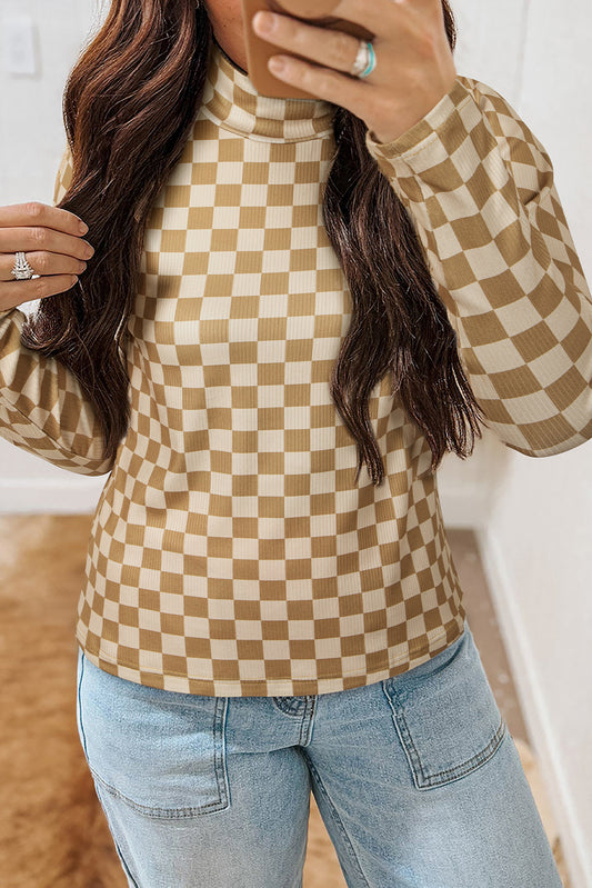 Khaki Check Pattern Turtleneck Ribbed Slim Long Sleeve Tee-Tops/Long Sleeve Tops-[Adult]-[Female]-Khaki-S-2022 Online Blue Zone Planet