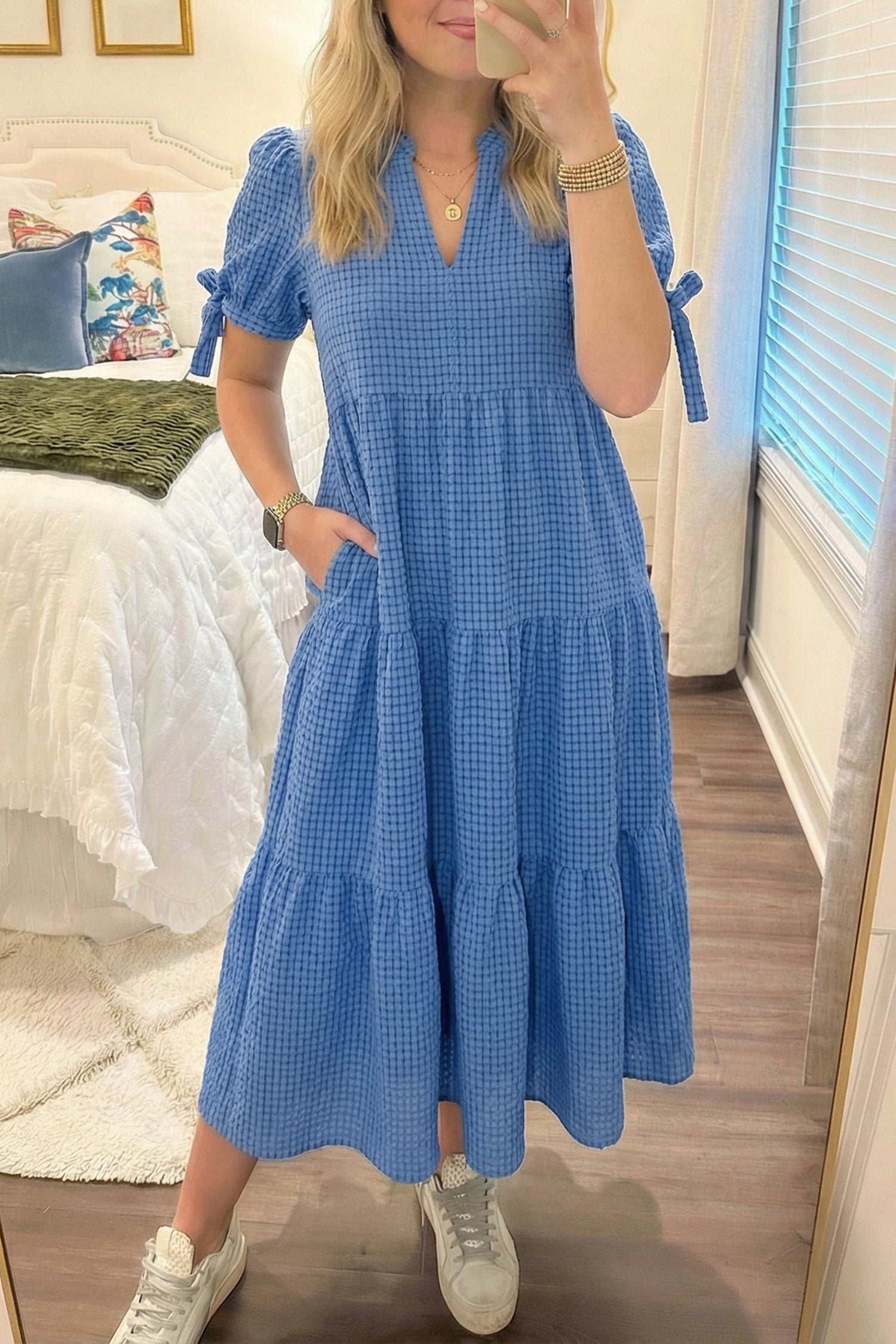 Dusk Blue Gingham Textured Bow Tie Short Sleeve Tiered Midi Dress-Dresses/Midi Dresses-[Adult]-[Female]-Dusk Blue-S-2022 Online Blue Zone Planet